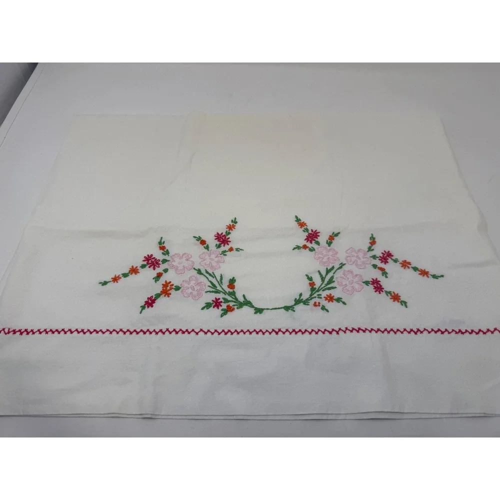 Vintage Penneys Nation-Wide Embroidered Floral Pillowcase White Pink Red Orange